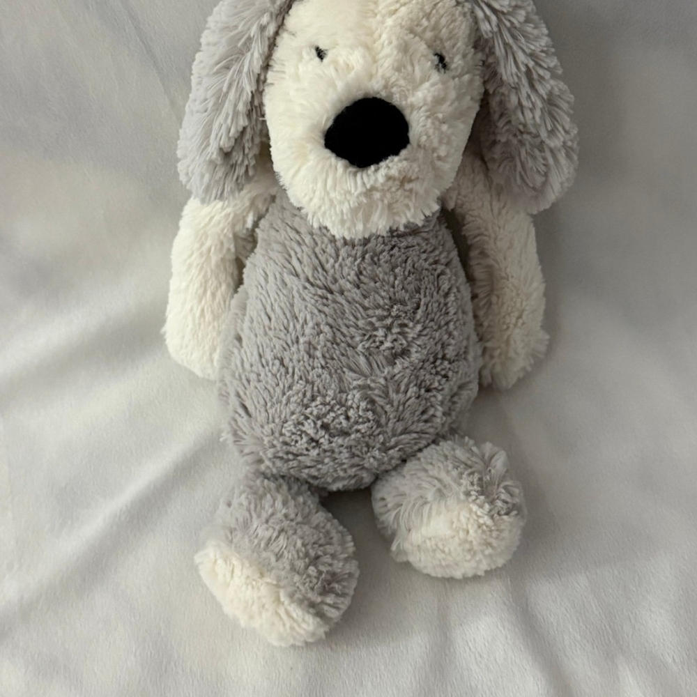 RETIRED Jellycat London Bashful Chaucer Gray and WPlush Dog Toy - Gray and White